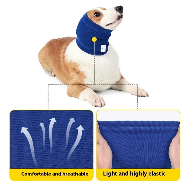 Blue polyester dog headband scarf showing adjustable sizing for canine accessory wear
