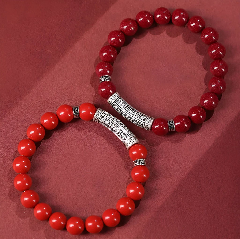 Cinnabar good luck bracelet with purple gold sandstone beads in traditional national style design
