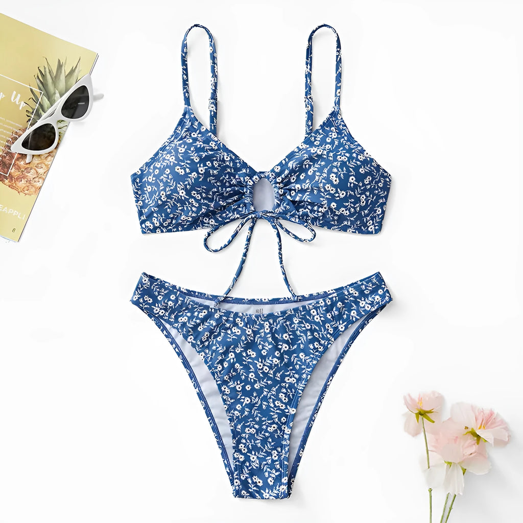 Blue ladies' swimsuit three-piece set without underwire, showing top and shorts.
