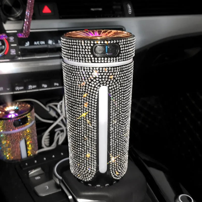 Rhinestone car humidifier with colourful LED lights, 15cm portable design for auto aromatherapy