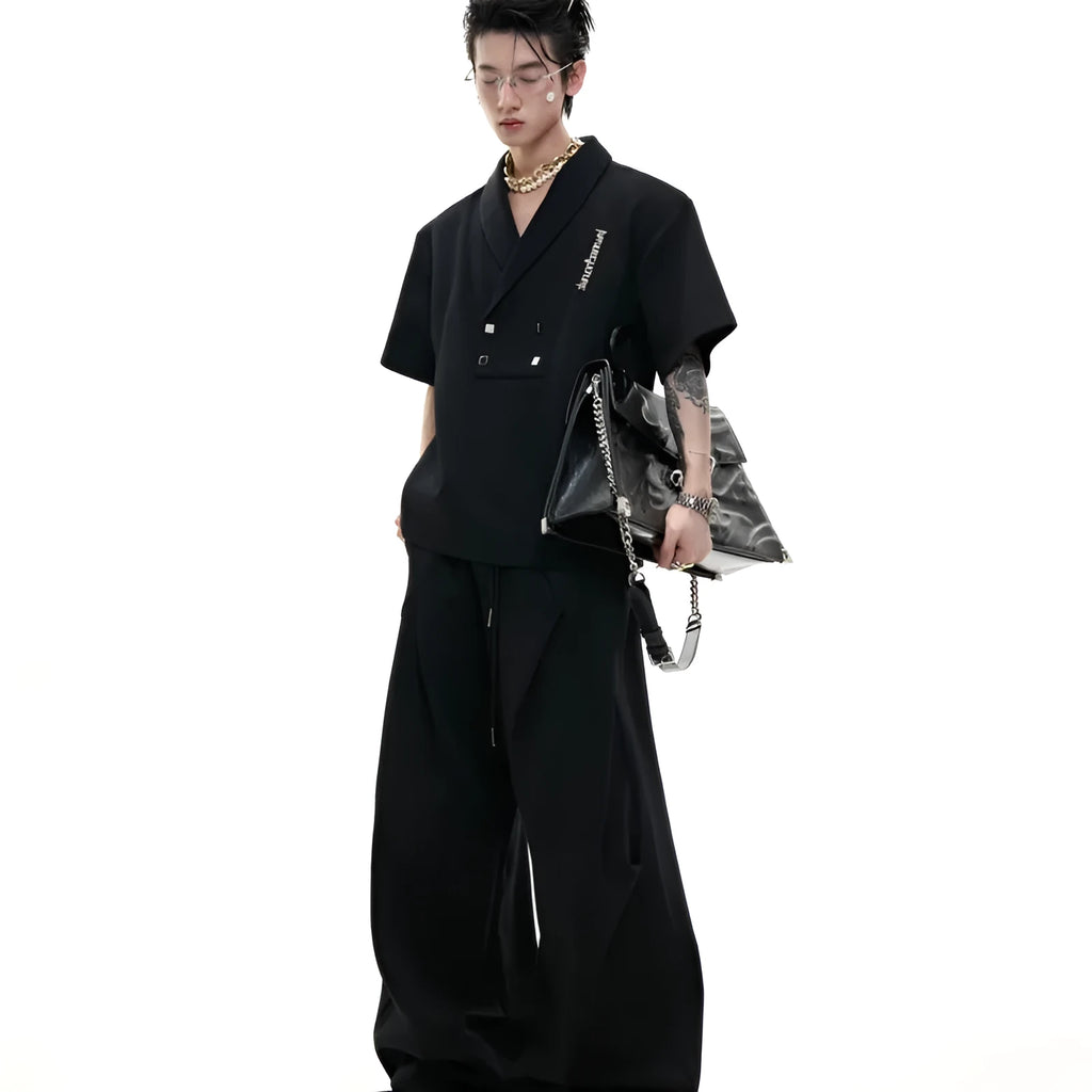Men's dark grey V-neck padded shoulder short sleeve jacket with metal details and matching shorts