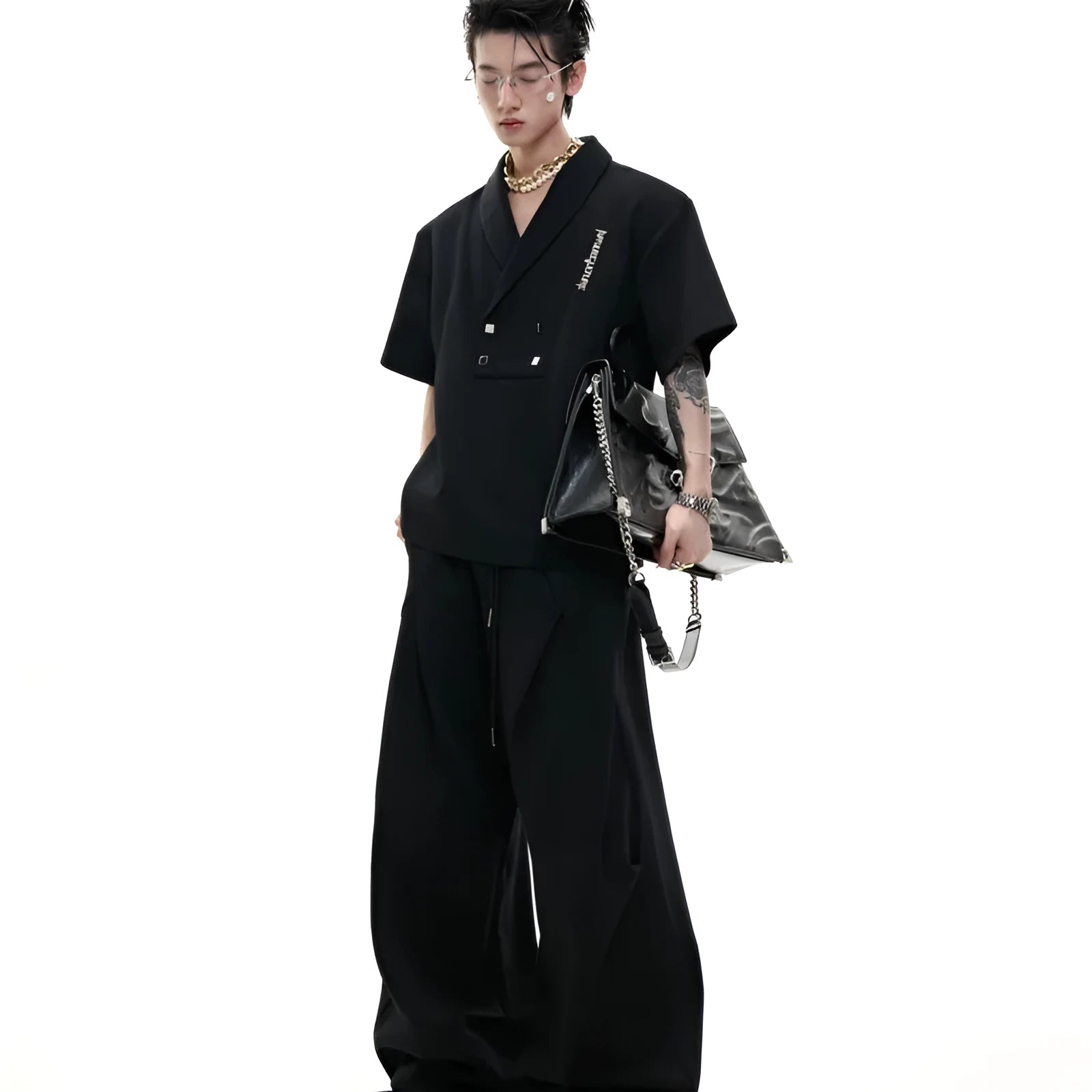 Men's dark grey V-neck padded shoulder short sleeve jacket with metal details and matching shorts
