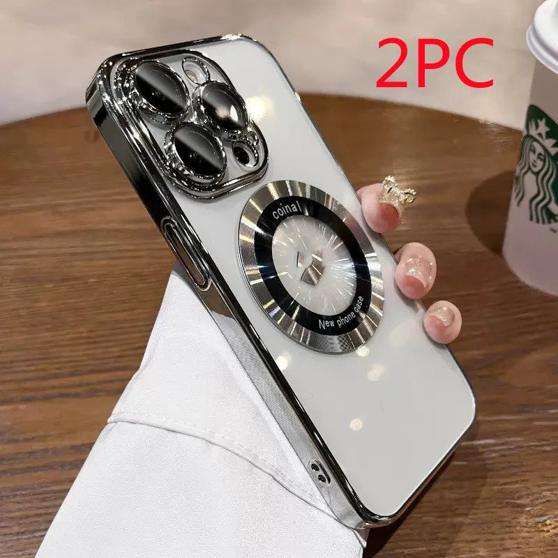 Magnetic magnifier phone case in electroplated PC with dark purple finish for iPhone 14 Pro Max