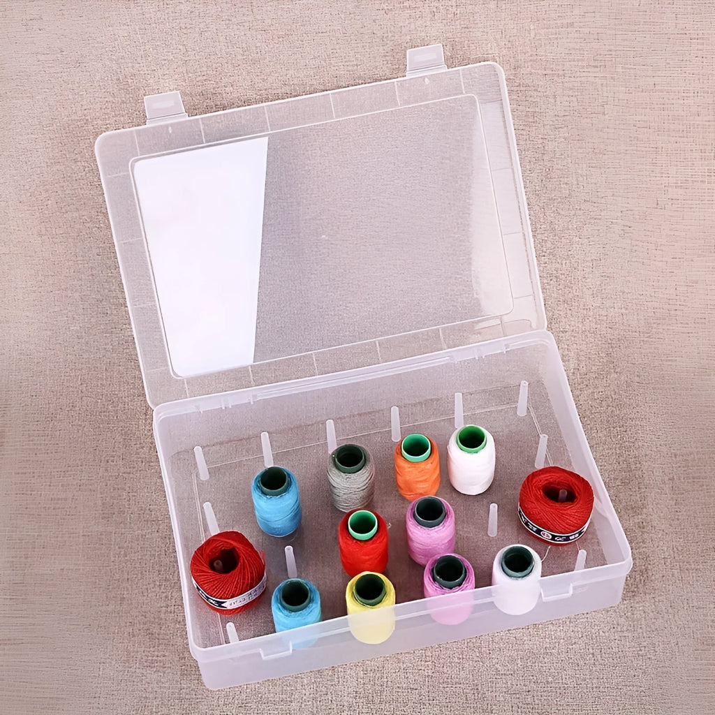 Transparent plastic embroidery storage box with 42 compartments showing thread organisation