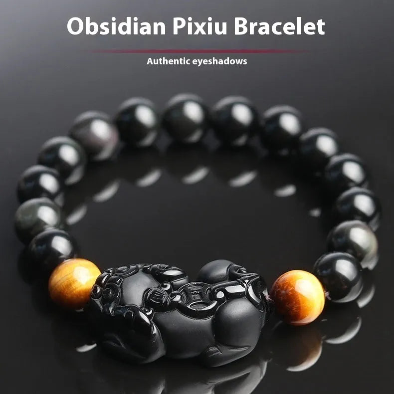 Mexico gold sheen obsidian crystal Pi Xiu bracelet with black adjustable cord, showing bead detail