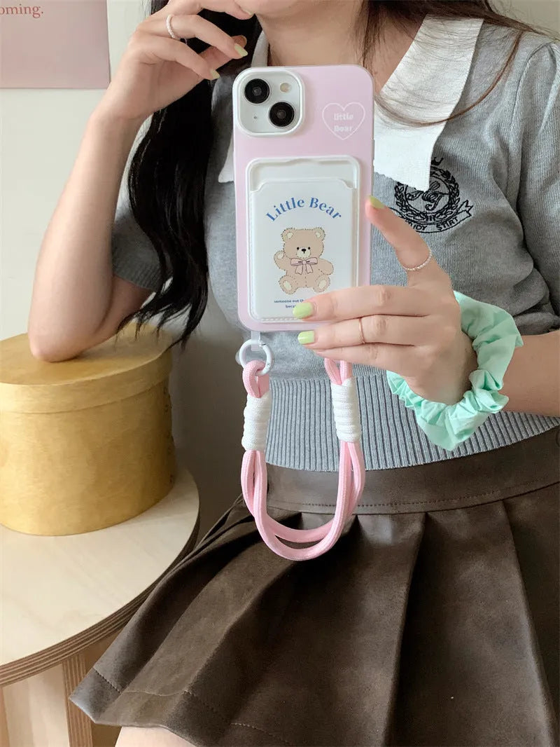 Pink bear TPU phone case with card holder and lanyard for iPhone 13