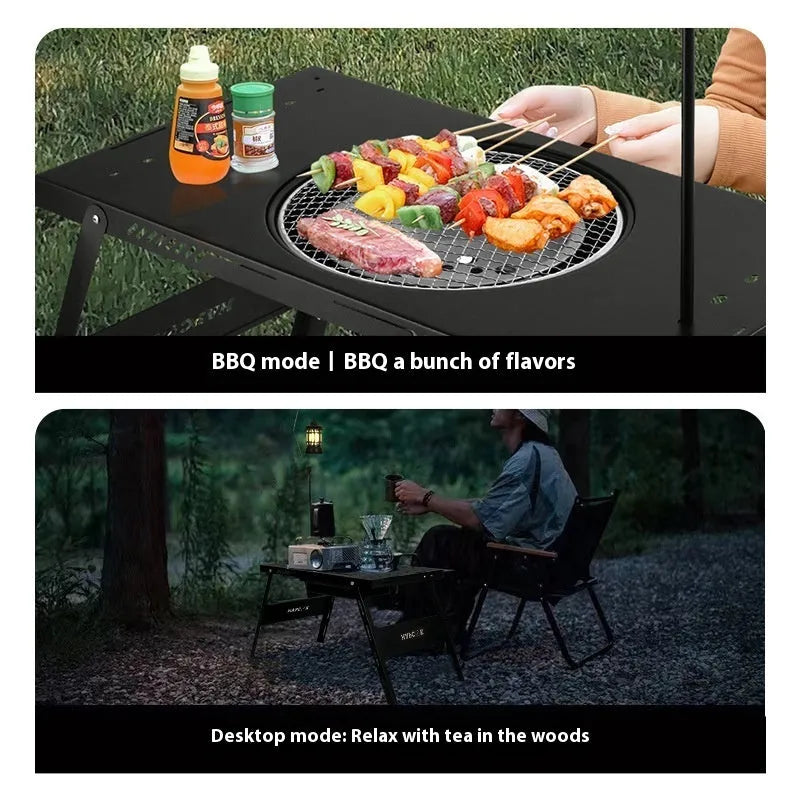 Black folding steel barbecue table with grill, shown in round and square top styles.