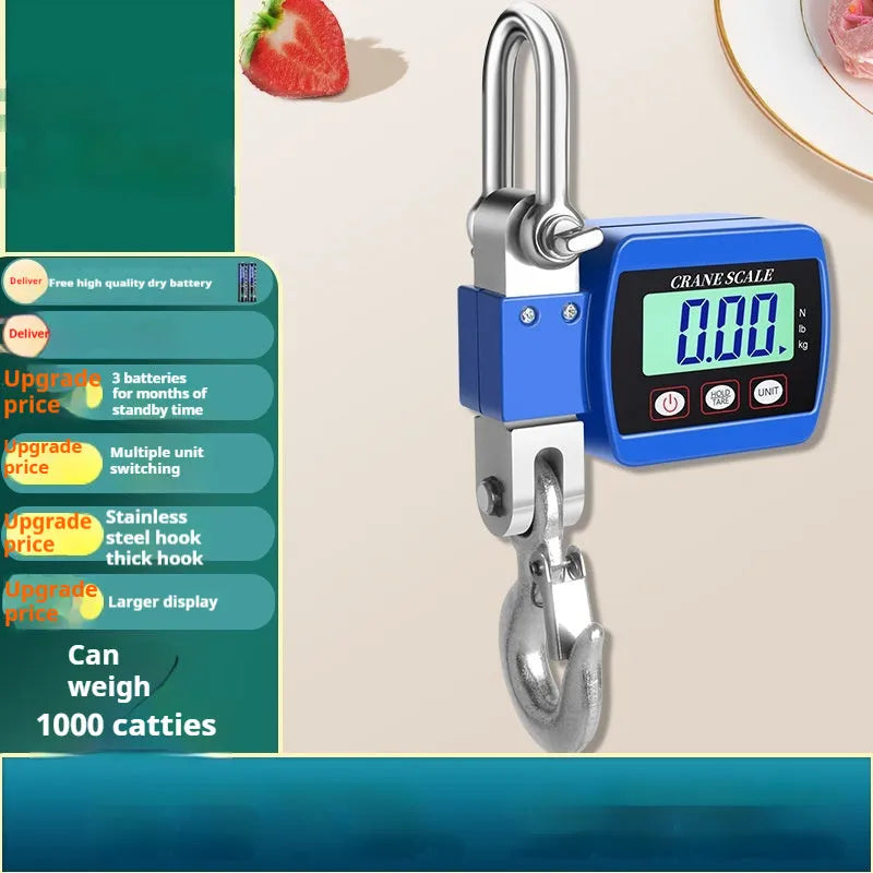 Blue digital hook scale displaying weight on electronic screen with 500kg max capacity