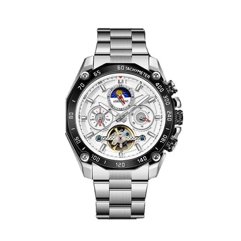 Men's automatic mechanical watch with a slim 12mm case shown in multiple colour variants.