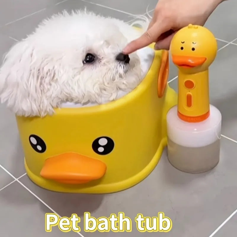 Blue duck-shaped PVC bathtub for washing dogs and cats on a plain background.