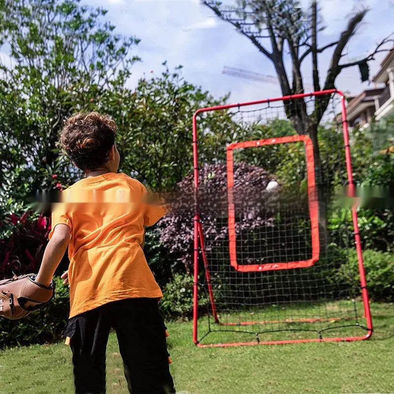 Red adjustable baseball training net with metal frame set up in a garden.