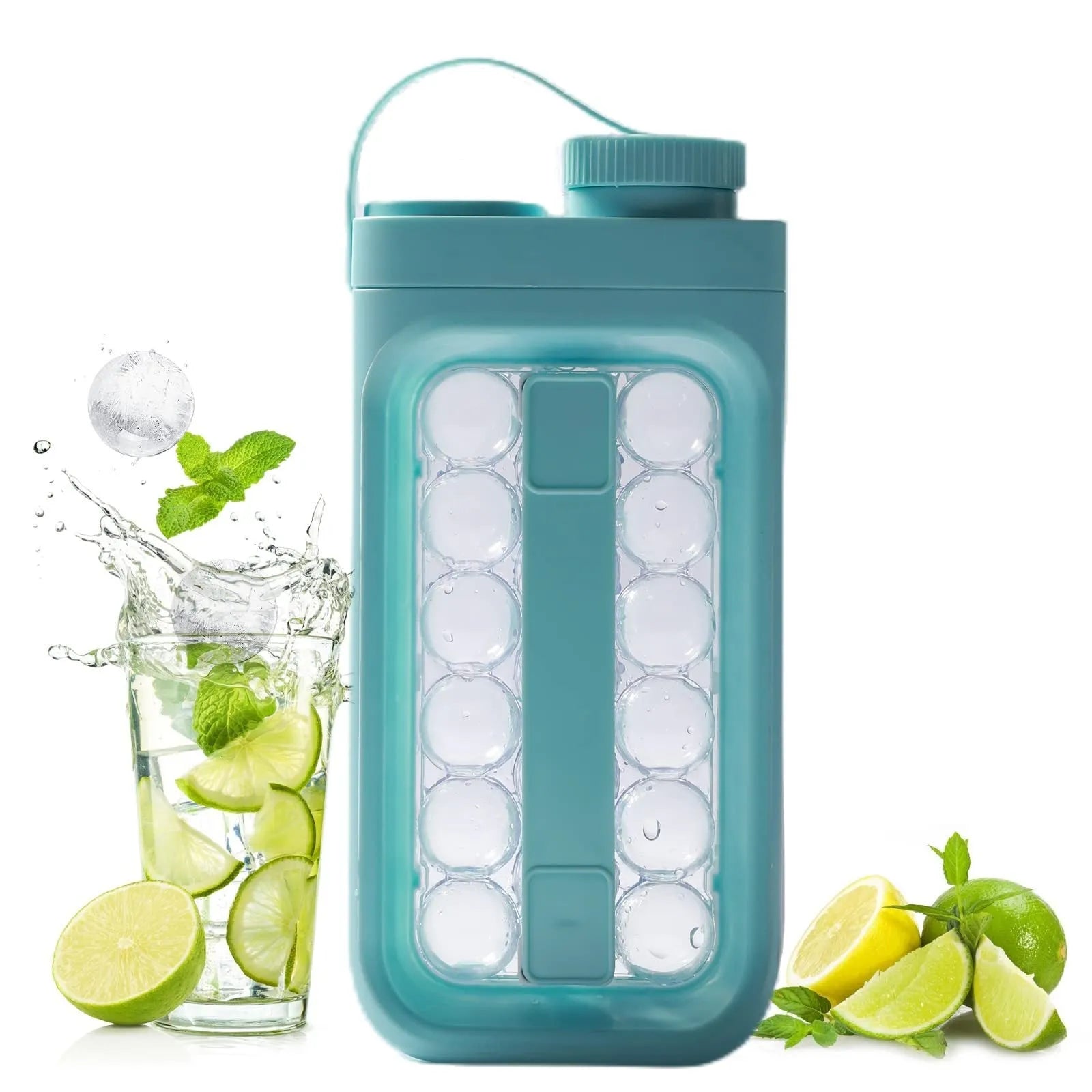 Light blue and white 2-in-1 portable ice ball maker with quick release mechanism for 17 ice balls
