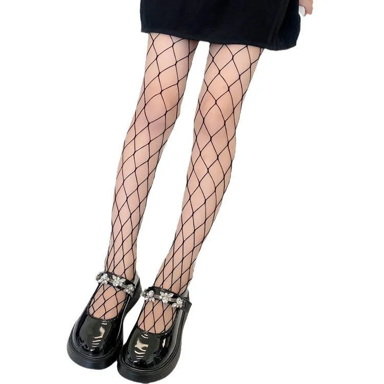 Women's mesh stockings showing large, medium, and small net patterns in black and white colours