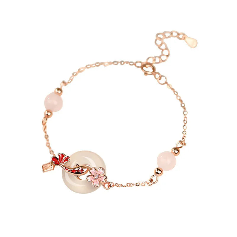 S925 sterling silver bracelet with Chinese flower design and white chalcedony crystals in Koi theme