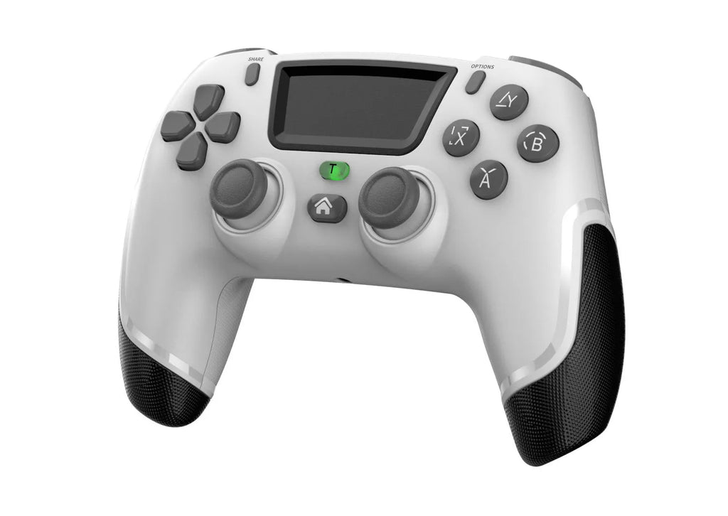 Fruit green wireless Bluetooth game controller for PS4, PC, mobile phone, and Nintendo Switch on a grey background.
