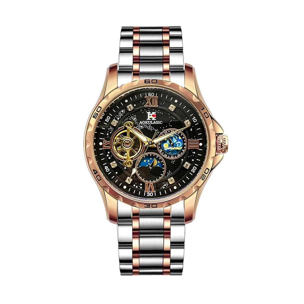 Men's automatic mechanical watch with large dial, rose gold case, and black face.