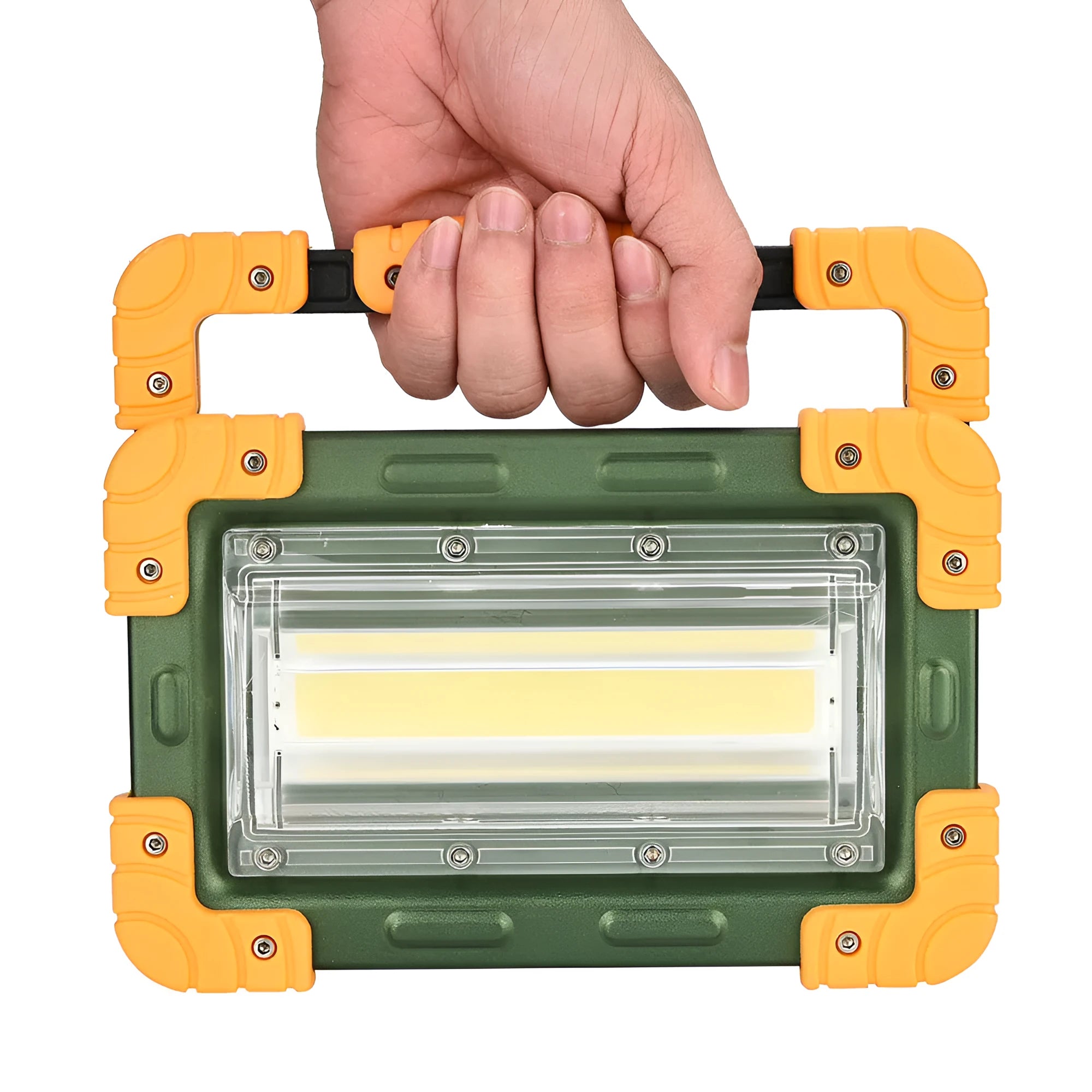 Yellow aluminium alloy 50W COB work light with 120° wide beam, IP65 waterproof, three brightness settings