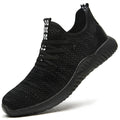 Men's black safety work shoes with steel toe cap and EVA sole on a grey background.