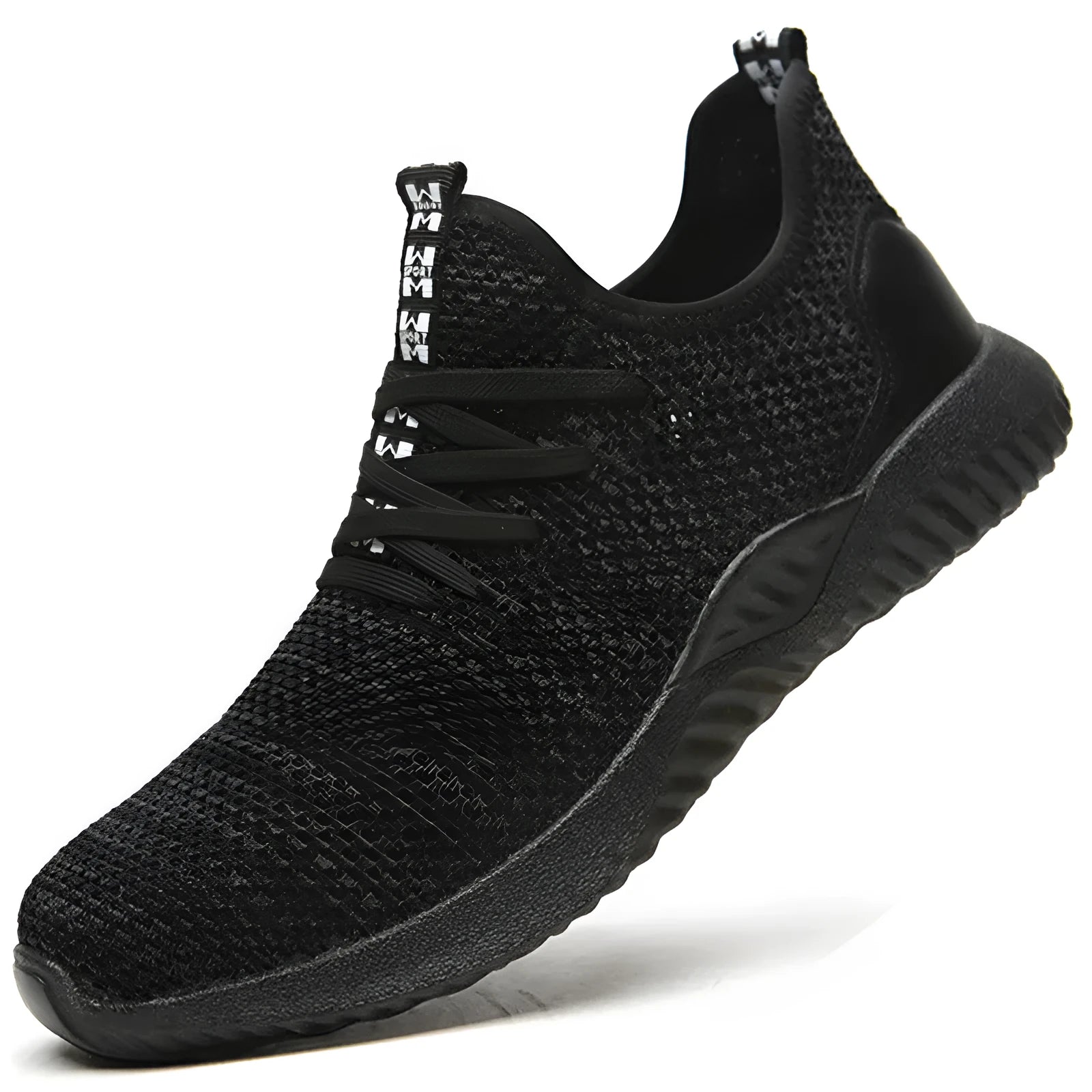 Men's black safety work shoes with steel toe cap and EVA sole on a grey background.