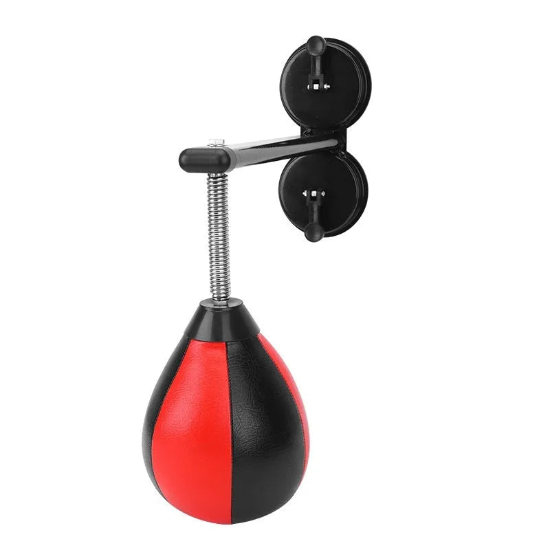 Red and black PU hanging boxing training ball with pump and mounting screw on a white background