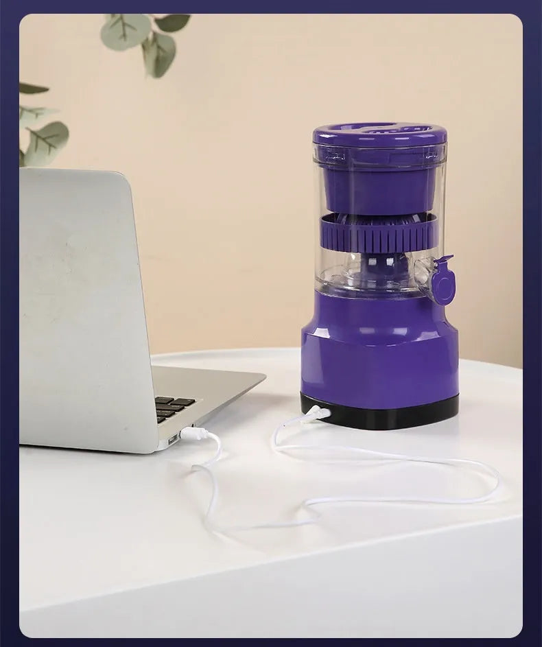 Purple USB rechargeable electric citrus juicer with cone-shaped pulp filter