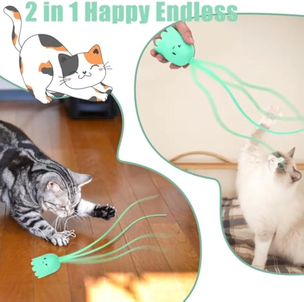 Green automatic cat wand toy with silicone tail on floor for indoor cat play