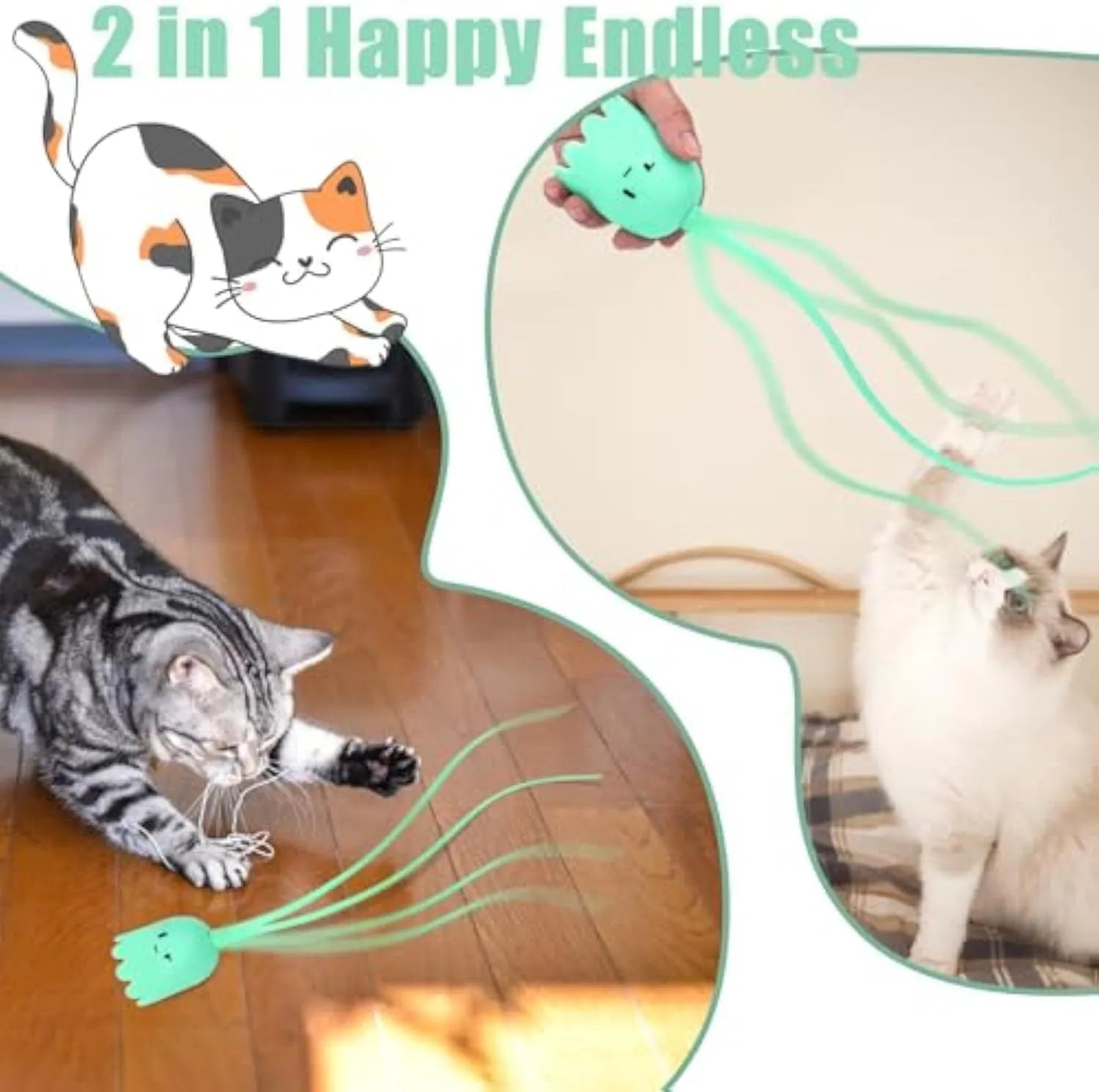 Green automatic cat wand toy with silicone tail on floor for indoor cat play