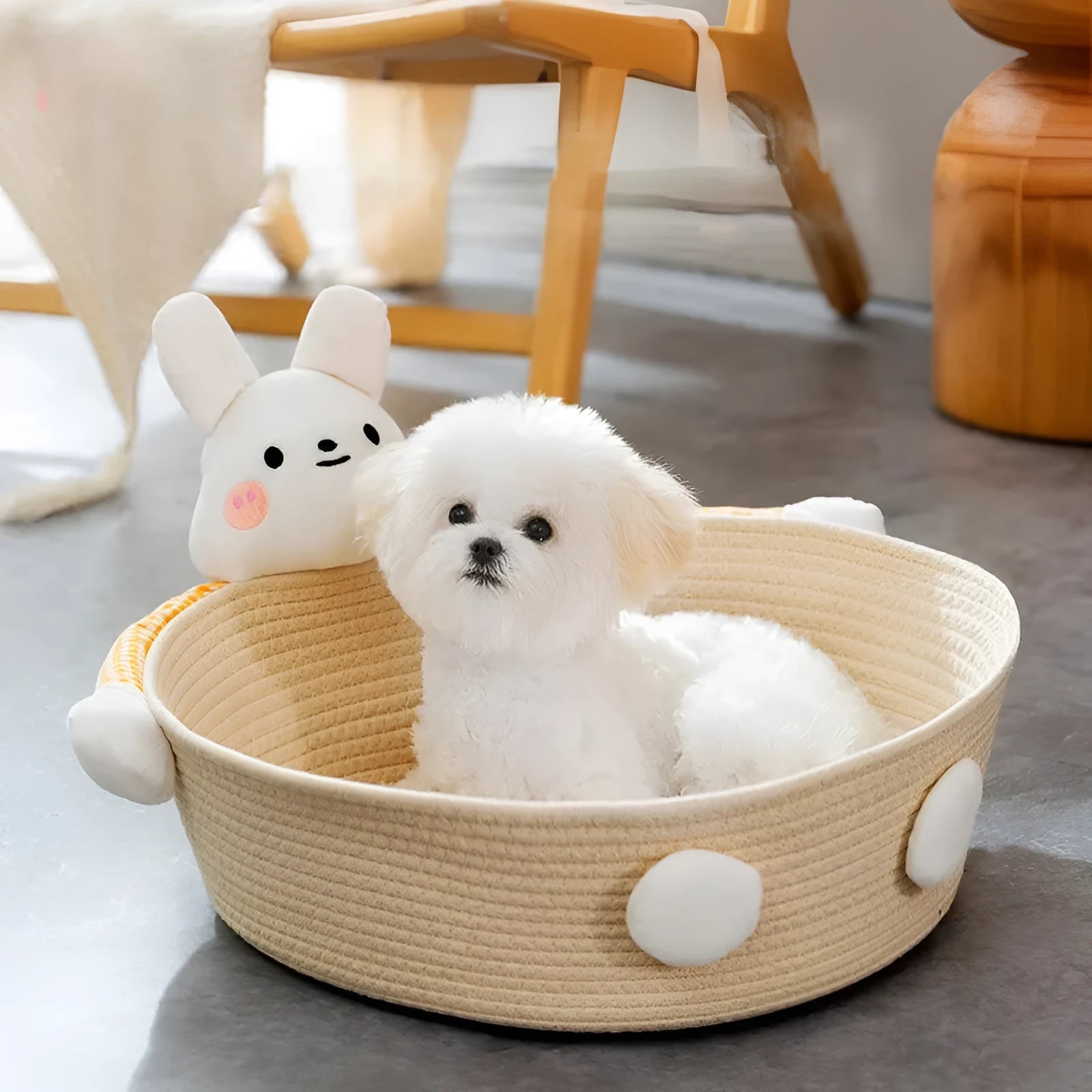 Woven cotton rope cat bed and scratcher basket with rabbit design, shown in three available sizes.