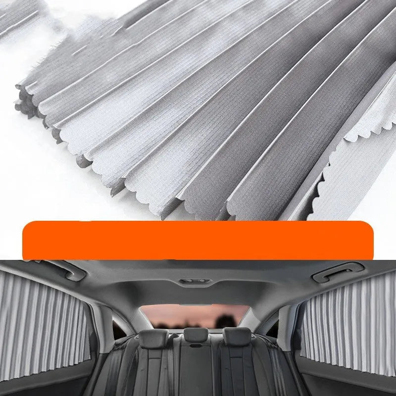 Auto retractable car sun curtain with roller shutter mechanism in black colour extended over vehicle window