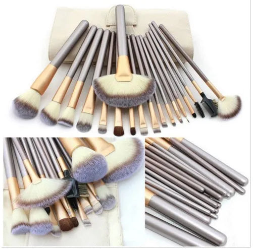 Persian make-up brush set with white synthetic bristles and champagne-colour handles in a case