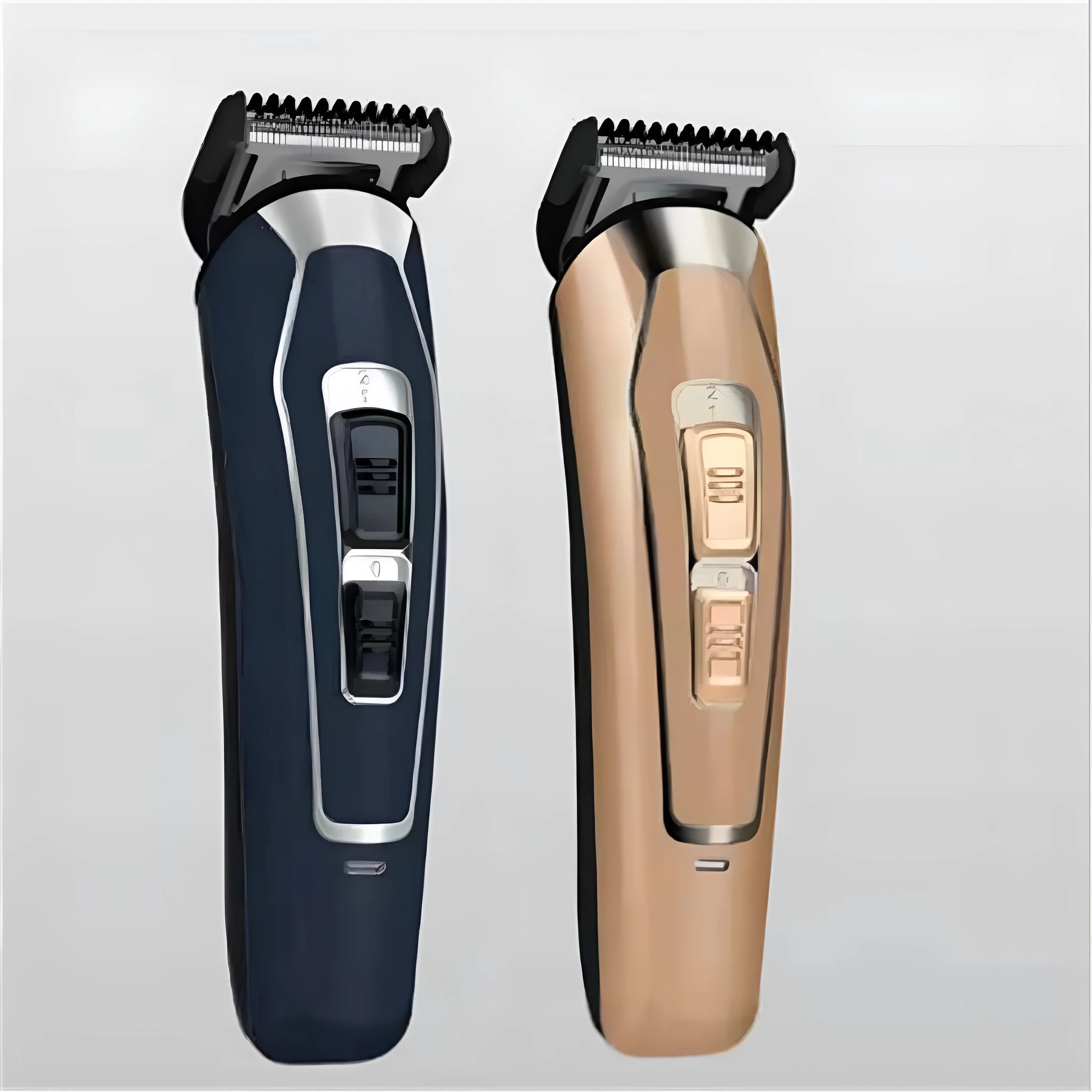 Dark blue rechargeable electric hair clipper with stainless steel blades on white background