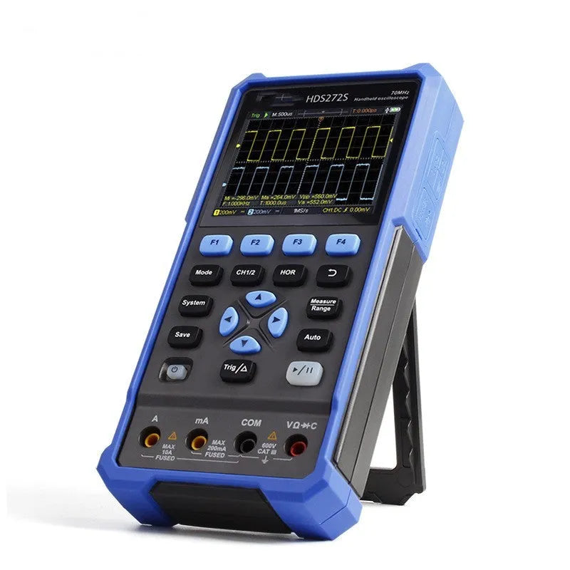 Owon HDS272 handheld digital oscilloscope with probes and accessories for portable electronics testing