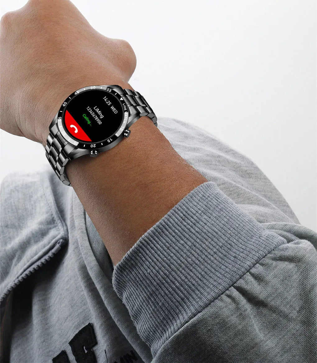 Silver stainless steel smart watch with 1.3-inch touchscreen displaying step count on wrist