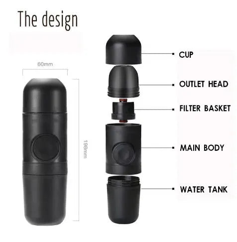 Black portable manual coffee machine showing compact 6cm design with pressure system for travel brewing