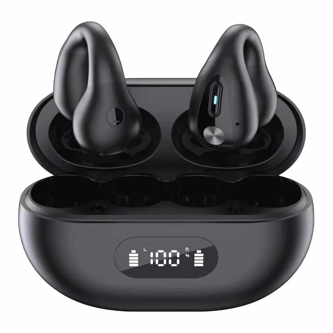 Non-in-ear clip wireless Bluetooth headset with air conduction in black plastic, ear hook style