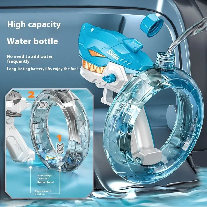 Blue Shark electric water gun toy with large water tank and USB charging port