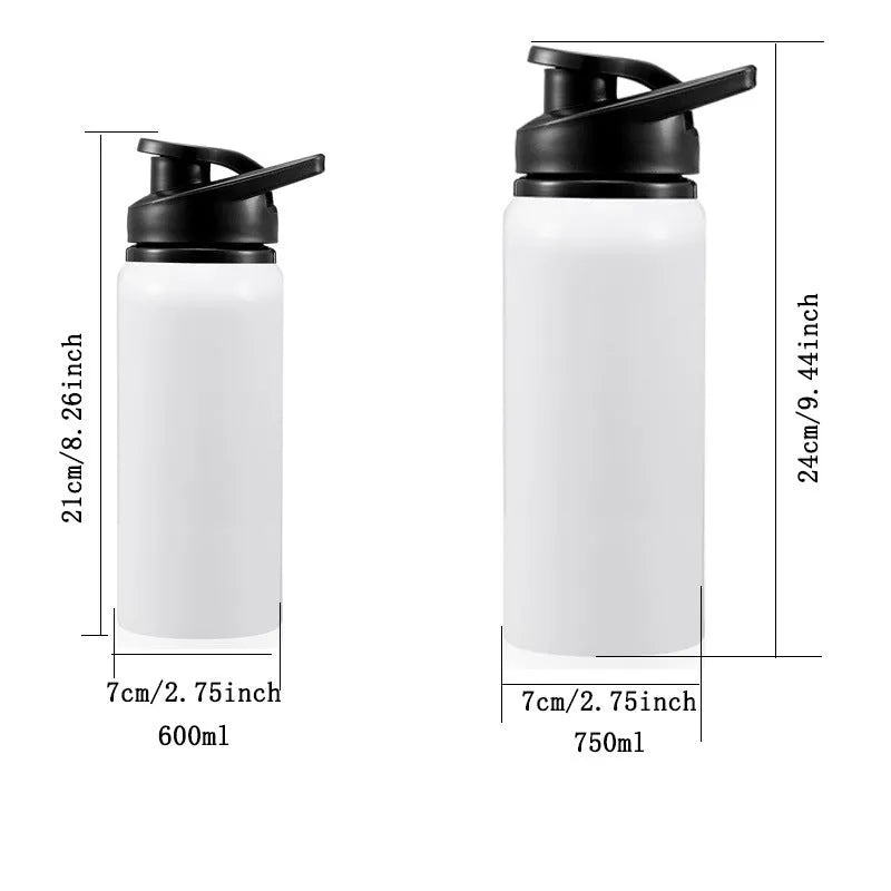 White aluminium sports water bottle showing 600ml and 750ml capacity options for cycling and outdoor use