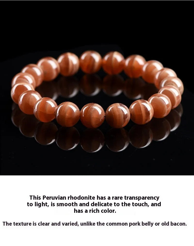 Natural old mine rhodochrosite round beads bracelet from Peru showing 6mm or 8mm geometry beads with Ruyi elements