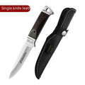 Stainless steel camping fruit knife with leather sheath case.