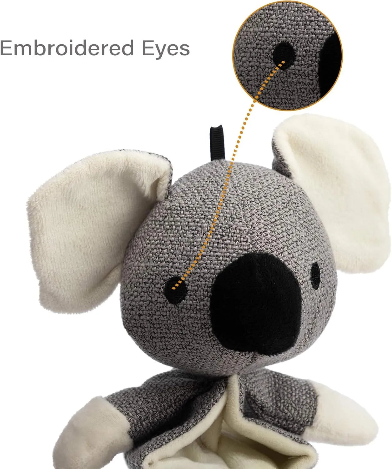 Grey koala dog toy measuring 30cm with crinkle paper inside and rope through body