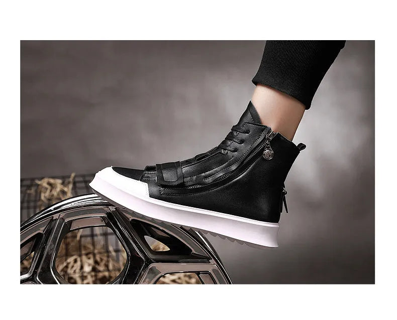 Black PU leather men's ankle boots in high-top sneakers style with microfiber upper construction