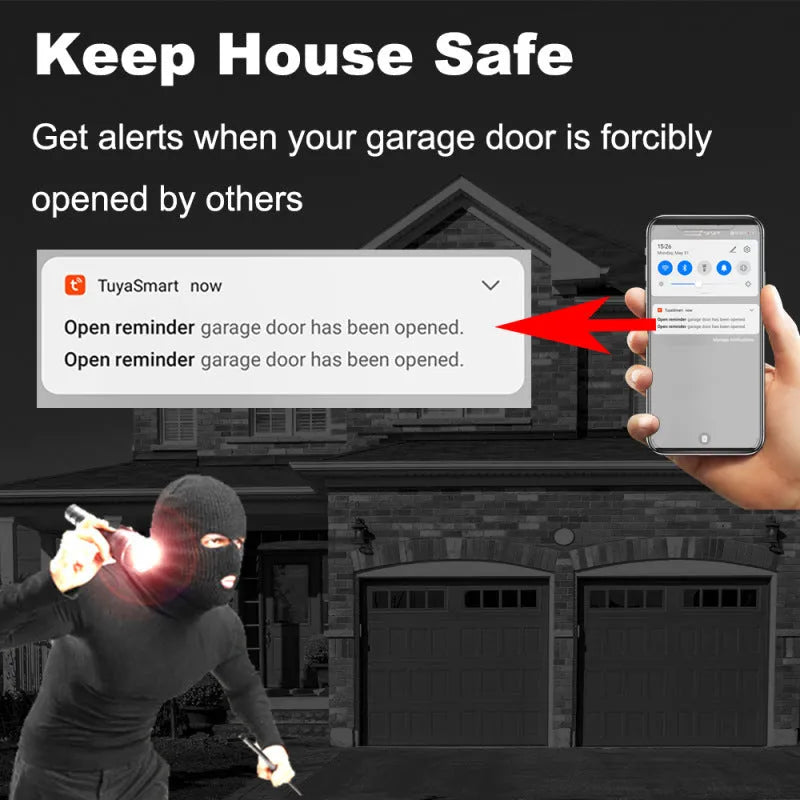 Black plastic WiFi garage door controller with remote smartphone app and voice control.