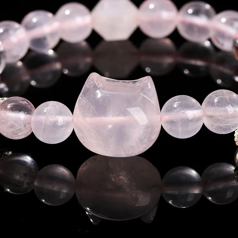 Women's star crystal cat head bracelet with natural pink crystal and geometric round sweet style design