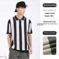 Man wearing a striped short sleeve ice silk sweater with a zipper detail.
