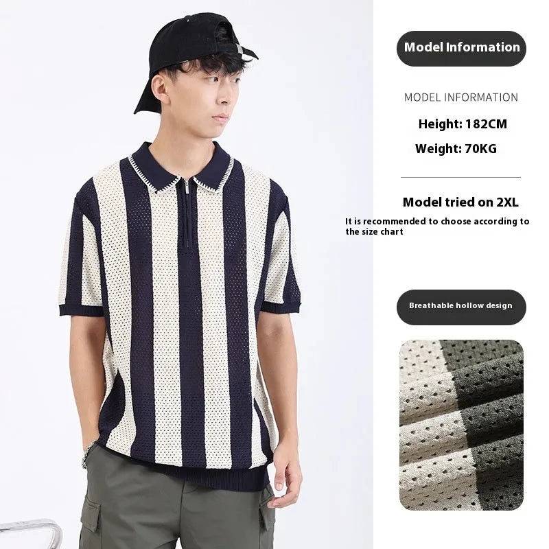 Man wearing a striped short sleeve ice silk sweater with a zipper detail.