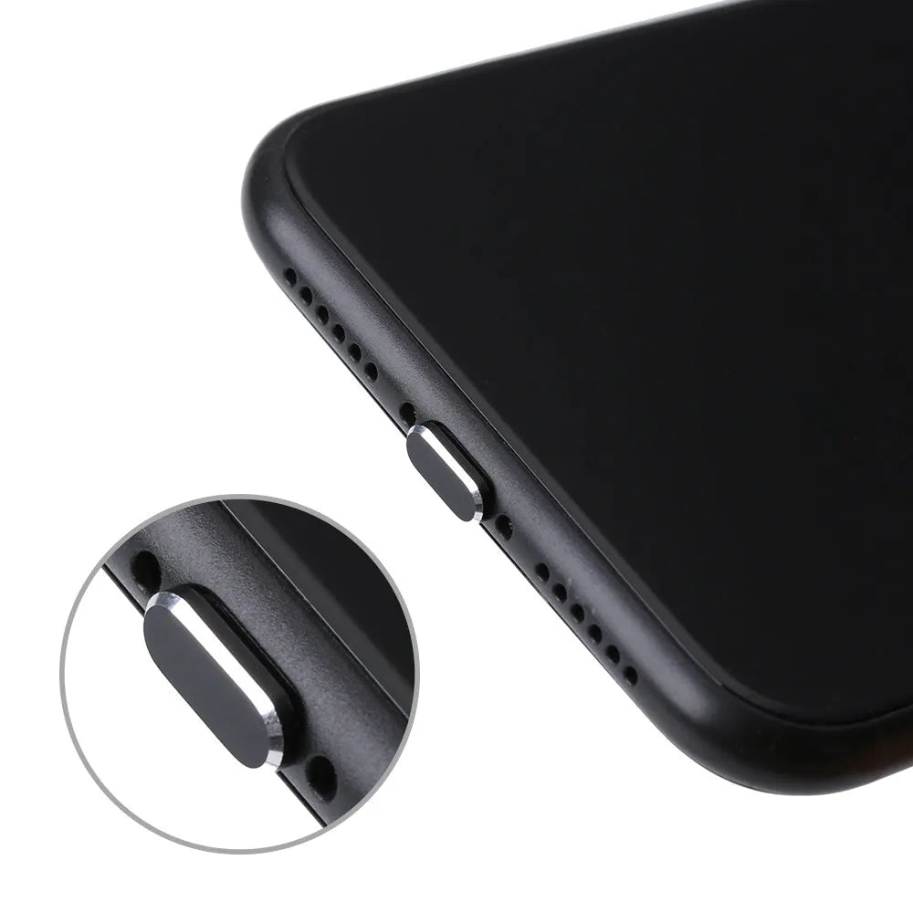 Aluminium alloy iPhone charging port dust plug shown in gold, silver, and rose gold colours.