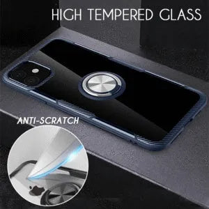 Black iPhone 11 Pro Max phone case with integrated car holder arm, showing port access and textured grip.