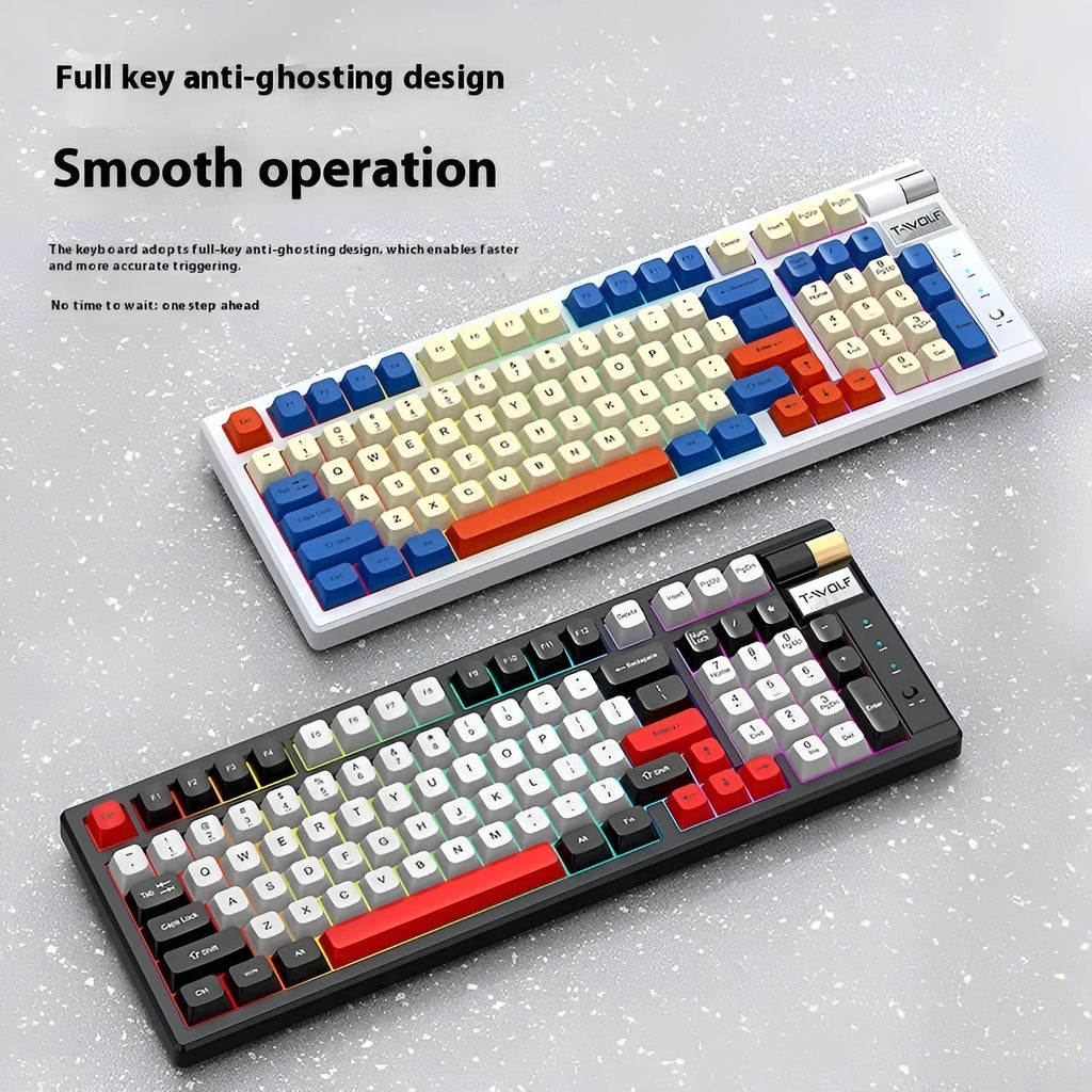 Bluetooth mechanical gaming keyboard in black and red or blue orange colours with USB receiver and cable