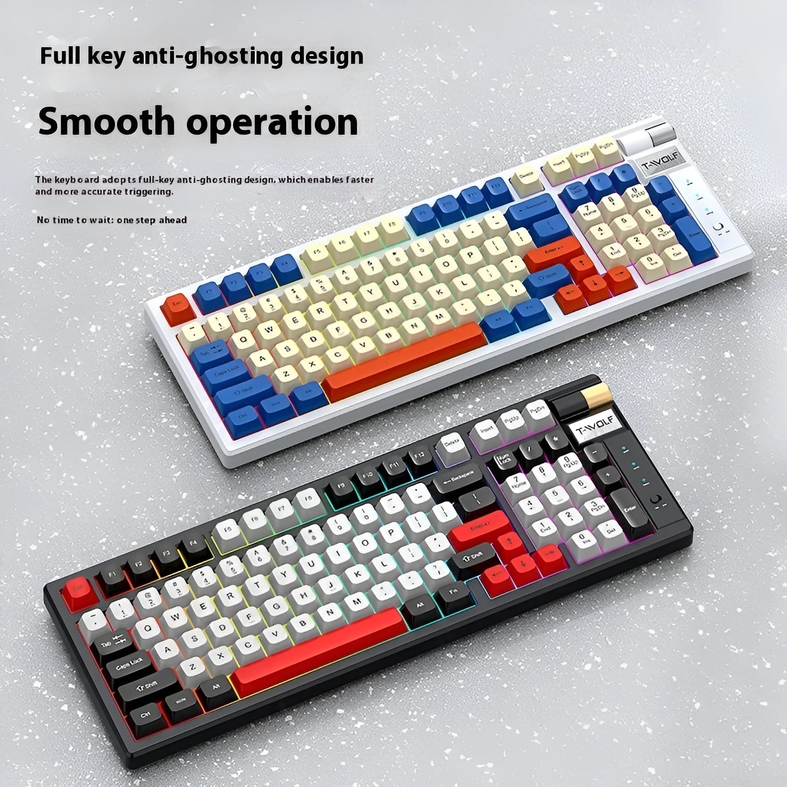 Bluetooth mechanical gaming keyboard in black and red or blue orange colours with USB receiver and cable
