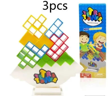 Plastic balance stacking board game with coloured blocks, chassis, and base for kids and adults.